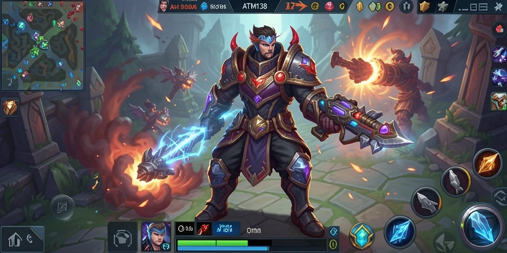 Screenshot gameplay ATM138 menampilkan pertarungan seru di arena MOBA.