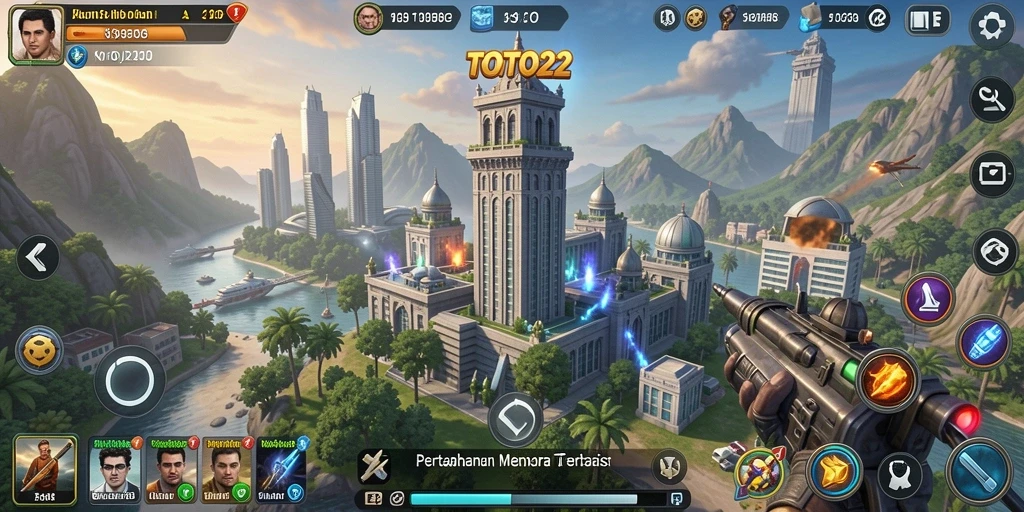 Screenshot gameplay TOTO22 dengan aksi menara pertahanan yang dinamis.