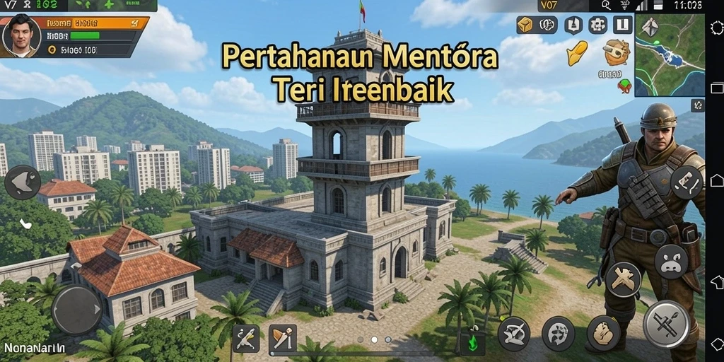 Screenshot gameplay V07 dengan menara bertahan melawan gelombang musuh.